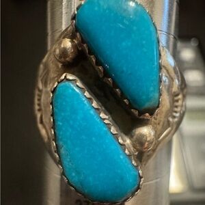 Navajo Sterling Silver Double Turquoise Ring Size 11 Handmade Split Stone